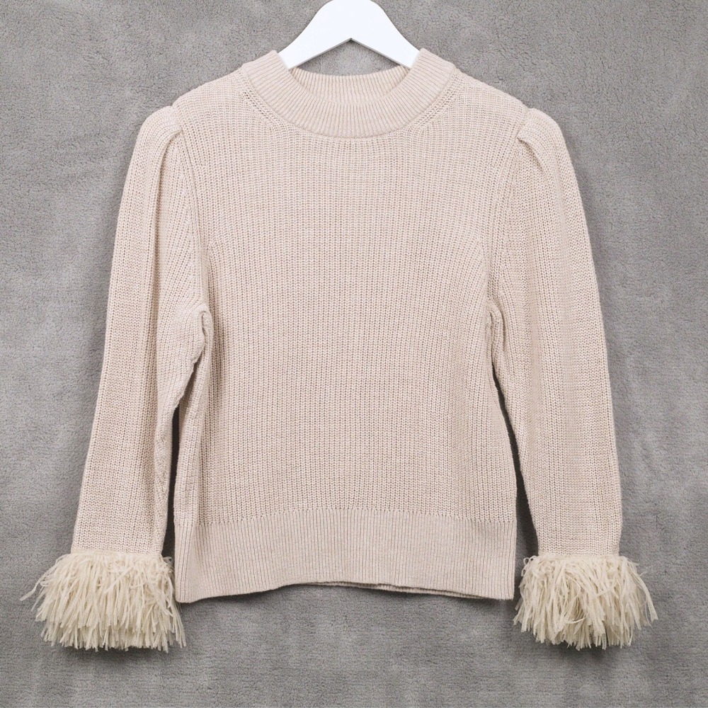 NIC+ZOE Tulle Fringe Cuff Puff Shoulder Knit Sweater Romantic Beige Sz PS‎